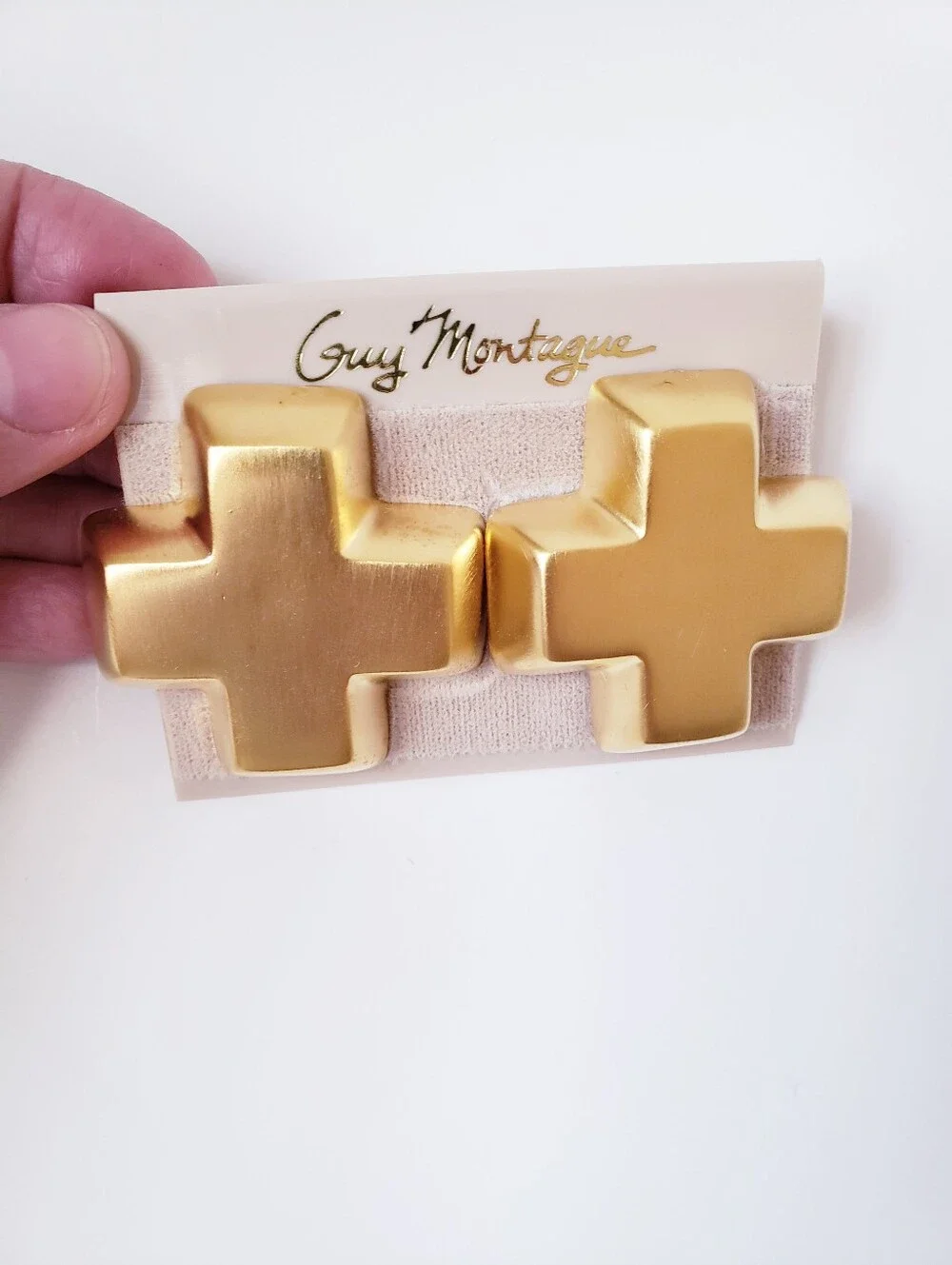 Guy Montague Vintage Brushed Gold Cross Clip On Statement Earrings